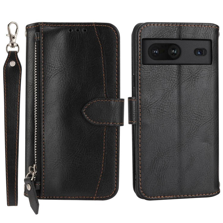 For Google Pixel 7 5G Stand Wallet PU Leather + TPU Phone Case Zipper Pocket Magnetic Closing Shell with Long  /  Short Straps - Black