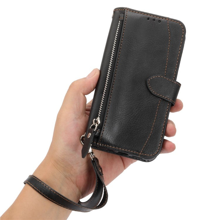 For Google Pixel 7 5G Stand Wallet PU Leather + TPU Phone Case Zipper Pocket Magnetic Closing Shell with Long  /  Short Straps - Black