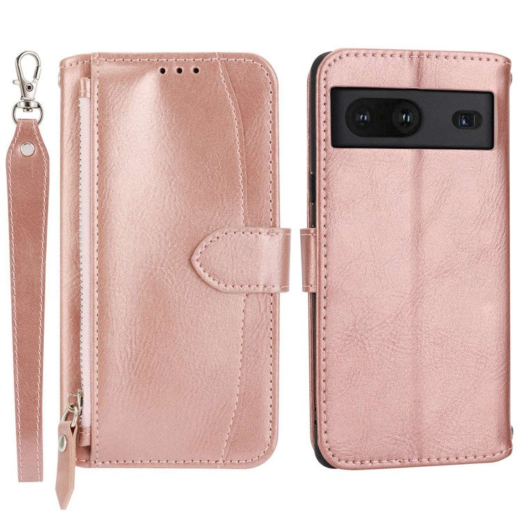 For Google Pixel 7 5G Stand Wallet PU Leather + TPU Phone Case Zipper Pocket Magnetic Closing Shell with Long  /  Short Straps - Rose Gold