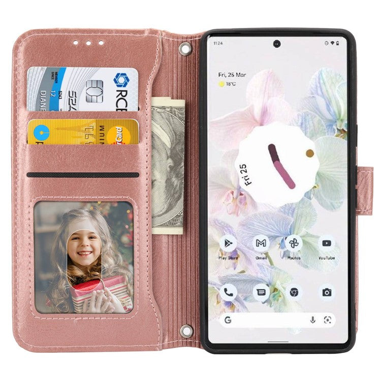 For Google Pixel 7 5G Stand Wallet PU Leather + TPU Phone Case Zipper Pocket Magnetic Closing Shell with Long  /  Short Straps - Rose Gold