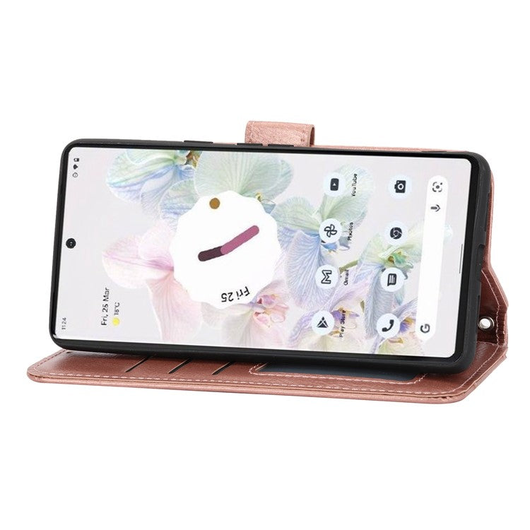 For Google Pixel 7 5G Stand Wallet PU Leather + TPU Phone Case Zipper Pocket Magnetic Closing Shell with Long  /  Short Straps - Rose Gold