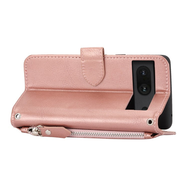 For Google Pixel 7 5G Stand Wallet PU Leather + TPU Phone Case Zipper Pocket Magnetic Closing Shell with Long  /  Short Straps - Rose Gold