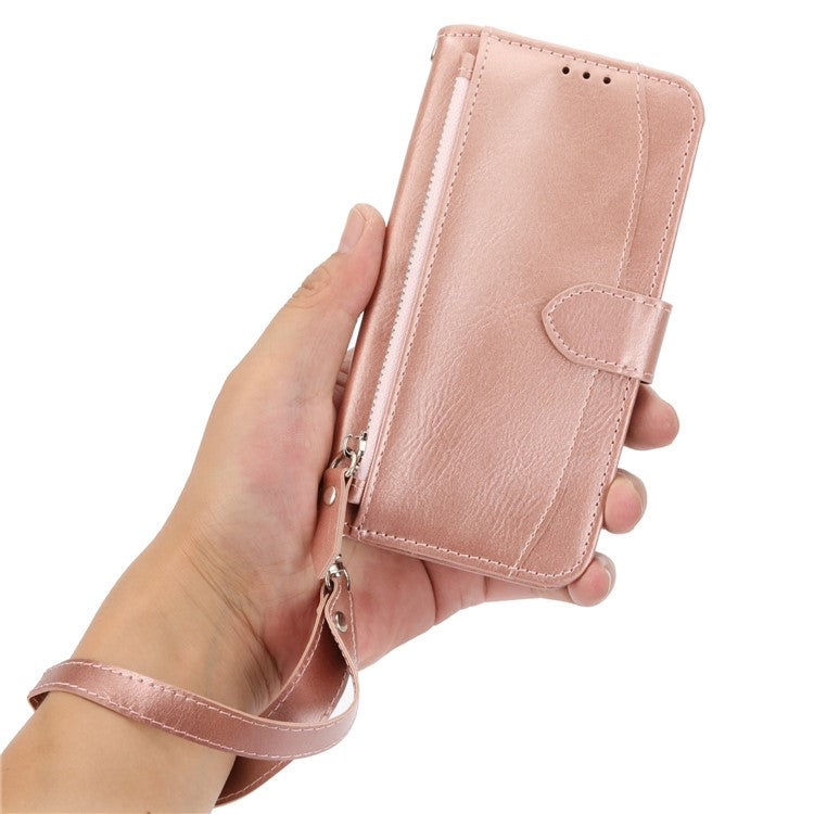 For Google Pixel 7 5G Stand Wallet PU Leather + TPU Phone Case Zipper Pocket Magnetic Closing Shell with Long  /  Short Straps - Rose Gold