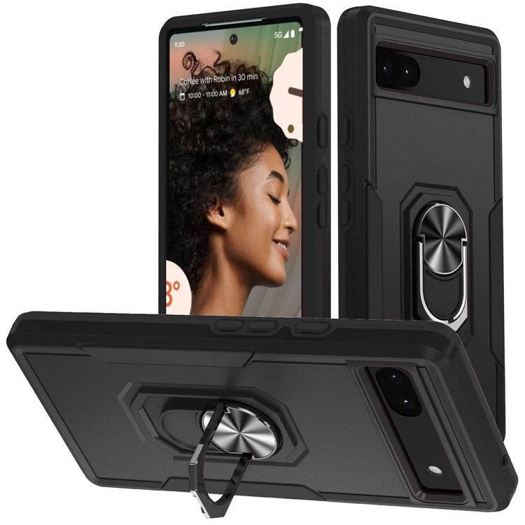 For Google Pixel 6a Defender Series PC + TPU Phone Case, Well-protected Wear-resistant Back Cover with Adjustable Ring Kickstand - Black / Black