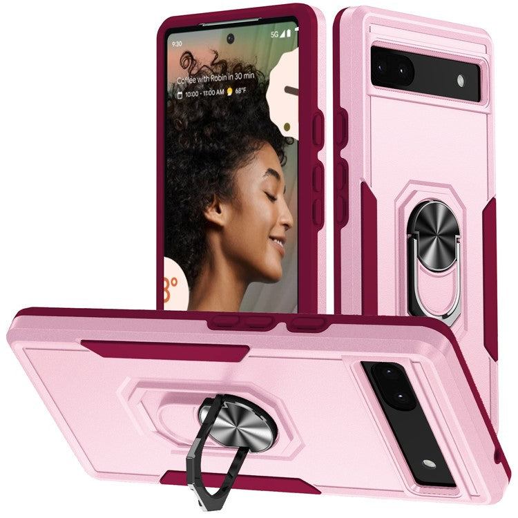 For Google Pixel 6a Defender Series PC + TPU Phone Case, Well-protected Wear-resistant Back Cover with Adjustable Ring Kickstand - Pink / Rose