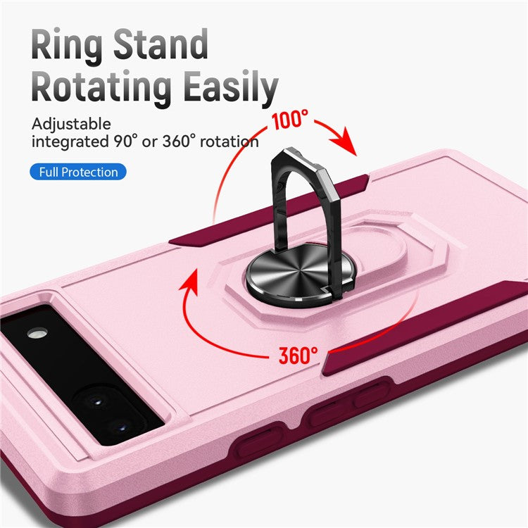 For Google Pixel 6a Defender Series PC + TPU Phone Case, Well-protected Wear-resistant Back Cover with Adjustable Ring Kickstand - Pink / Rose