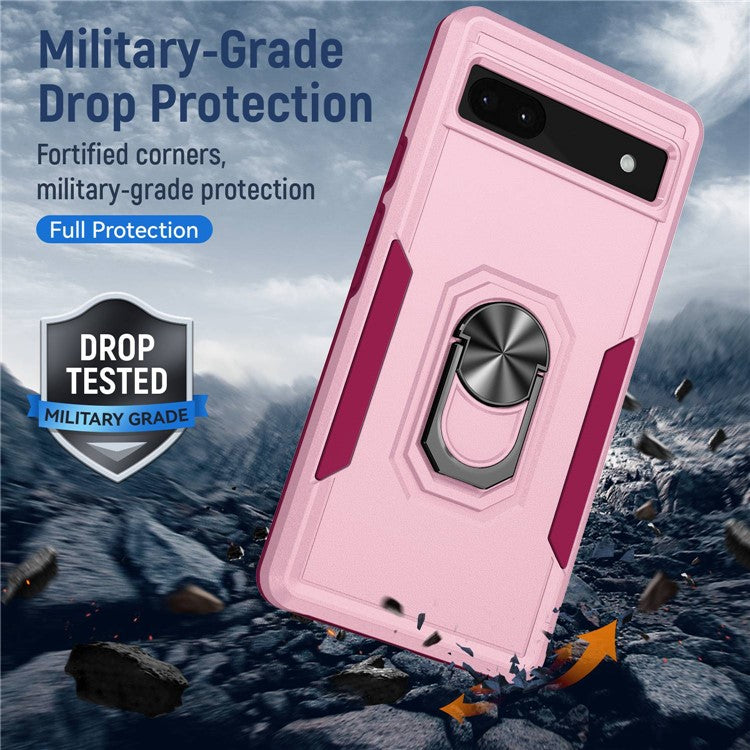 For Google Pixel 6a Defender Series PC + TPU Phone Case, Well-protected Wear-resistant Back Cover with Adjustable Ring Kickstand - Pink / Rose