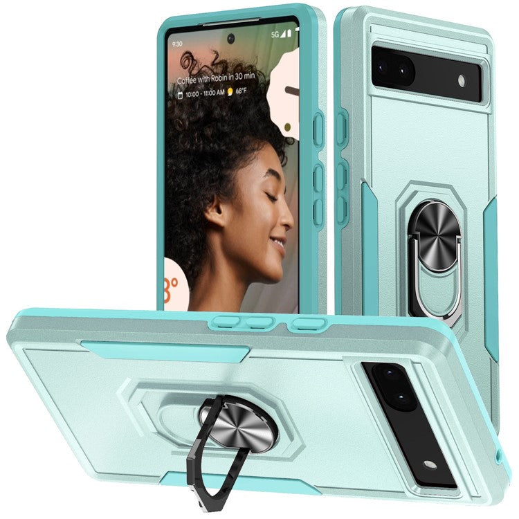 For Google Pixel 6a Defender Series PC + TPU Phone Case, Well-protected Wear-resistant Back Cover with Adjustable Ring Kickstand - Green / Green