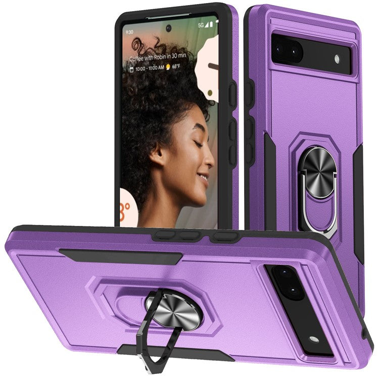 For Google Pixel 6a Defender Series PC + TPU Phone Case, Well-protected Wear-resistant Back Cover with Adjustable Ring Kickstand - Purple / Black