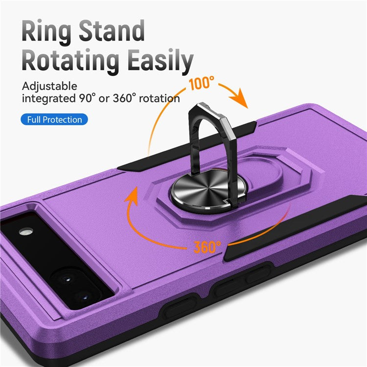 For Google Pixel 6a Defender Series PC + TPU Phone Case, Well-protected Wear-resistant Back Cover with Adjustable Ring Kickstand - Purple / Black