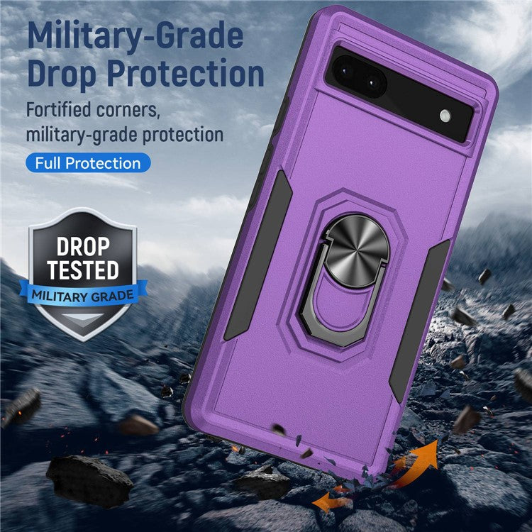 For Google Pixel 6a Defender Series PC + TPU Phone Case, Well-protected Wear-resistant Back Cover with Adjustable Ring Kickstand - Purple / Black