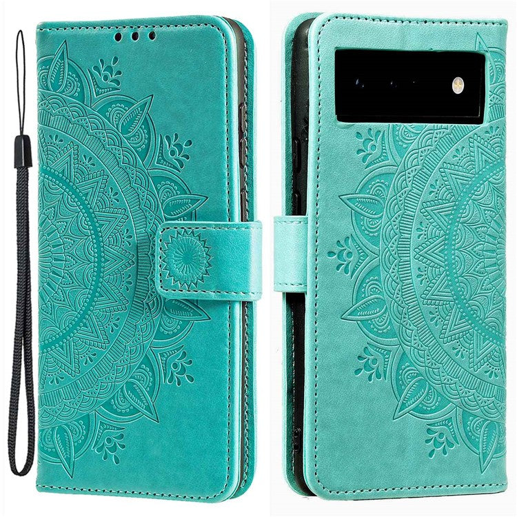 For Google Pixel 6a Mandala Flower Pattern Imprinted PU Leather Anti-scratch Phone Cover Stand Wallet Style Phone Case - Green