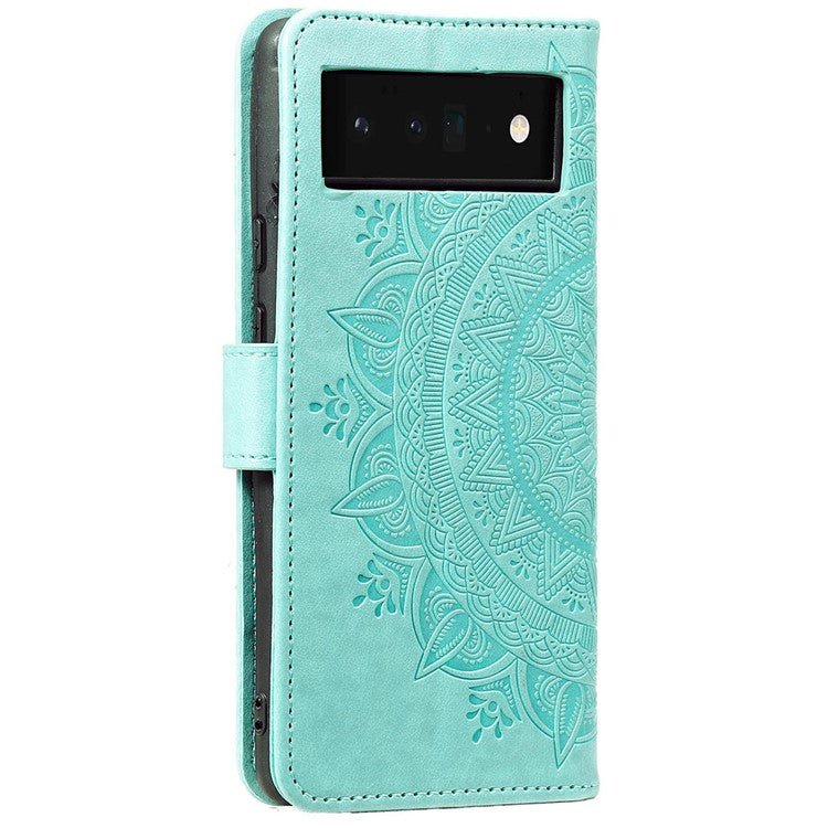 For Google Pixel 6a Mandala Flower Pattern Imprinted PU Leather Anti-scratch Phone Cover Stand Wallet Style Phone Case - Green