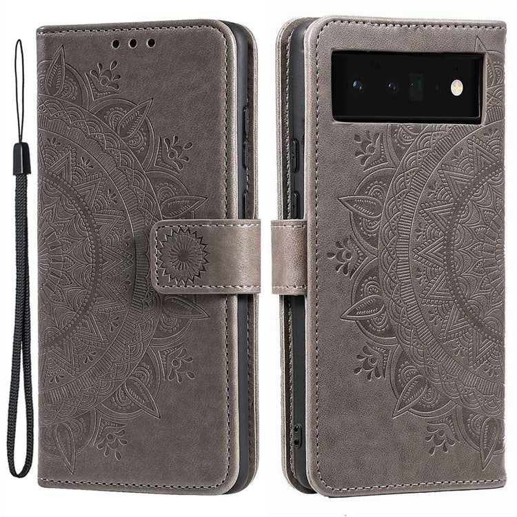 For Google Pixel 6a Mandala Flower Pattern Imprinted PU Leather Anti-scratch Phone Cover Stand Wallet Style Phone Case - Grey