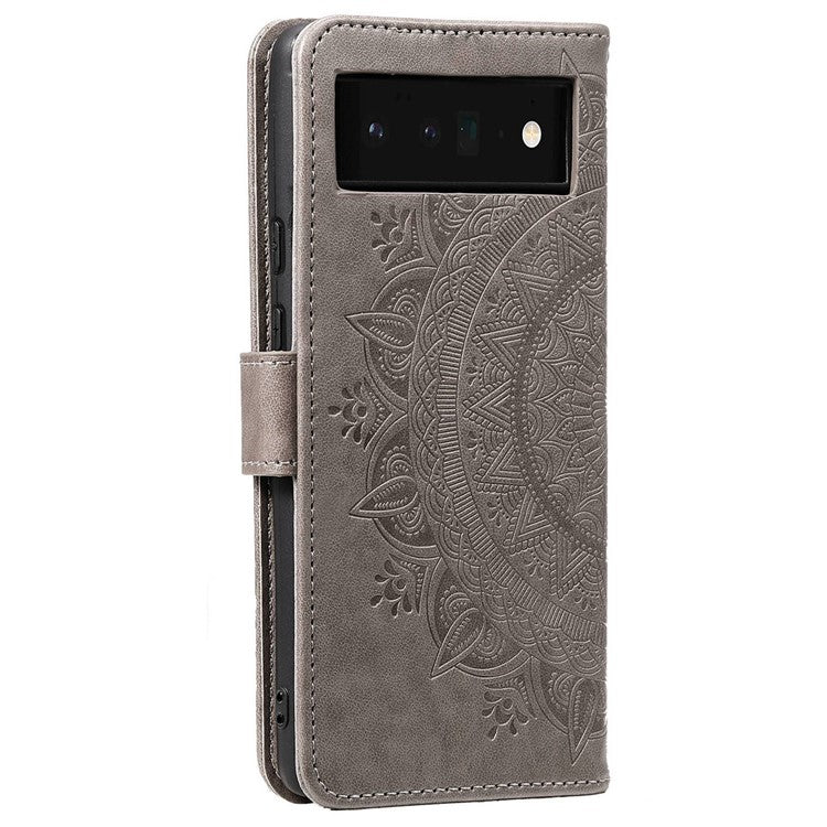 For Google Pixel 6a Mandala Flower Pattern Imprinted PU Leather Anti-scratch Phone Cover Stand Wallet Style Phone Case - Grey