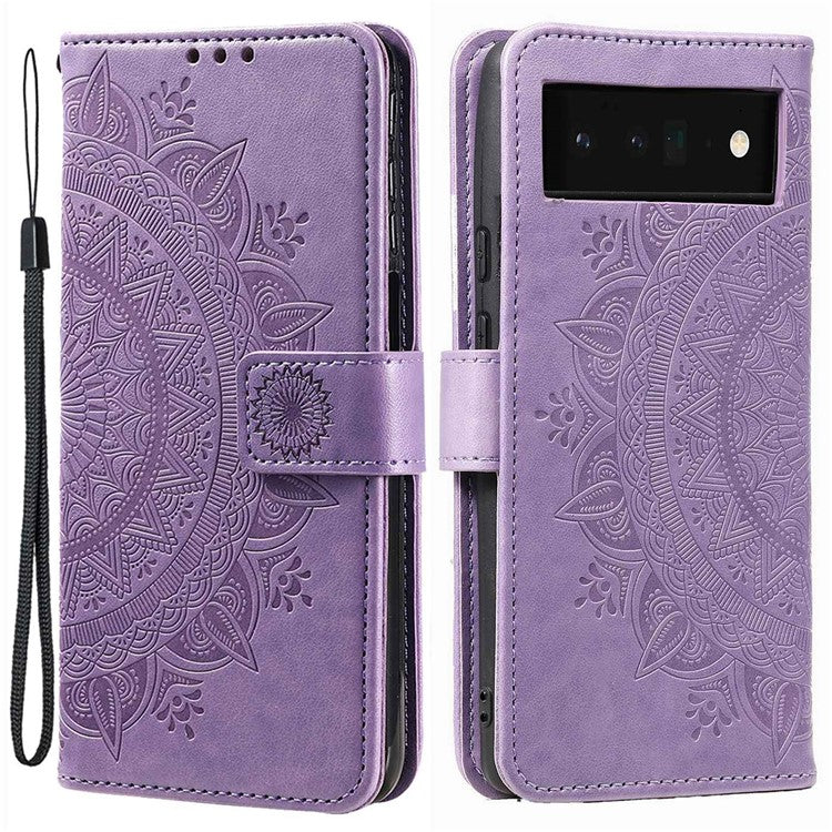 For Google Pixel 6a Mandala Flower Pattern Imprinted PU Leather Anti-scratch Phone Cover Stand Wallet Style Phone Case - Purple