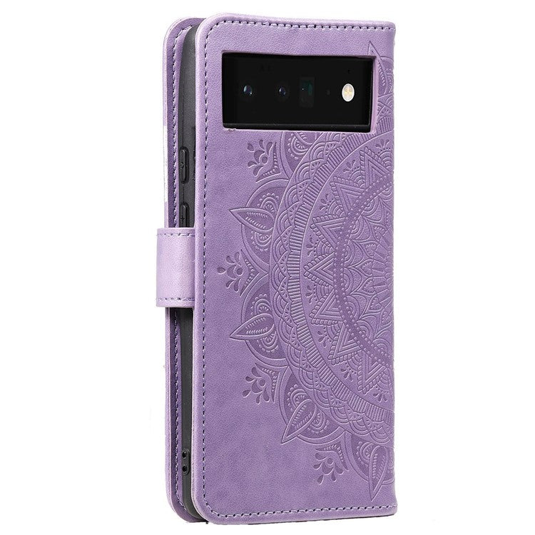 For Google Pixel 6a Mandala Flower Pattern Imprinted PU Leather Anti-scratch Phone Cover Stand Wallet Style Phone Case - Purple