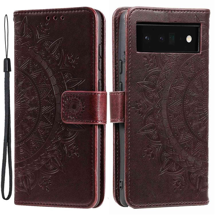 For Google Pixel 6a Mandala Flower Pattern Imprinted PU Leather Anti-scratch Phone Cover Stand Wallet Style Phone Case - Brown