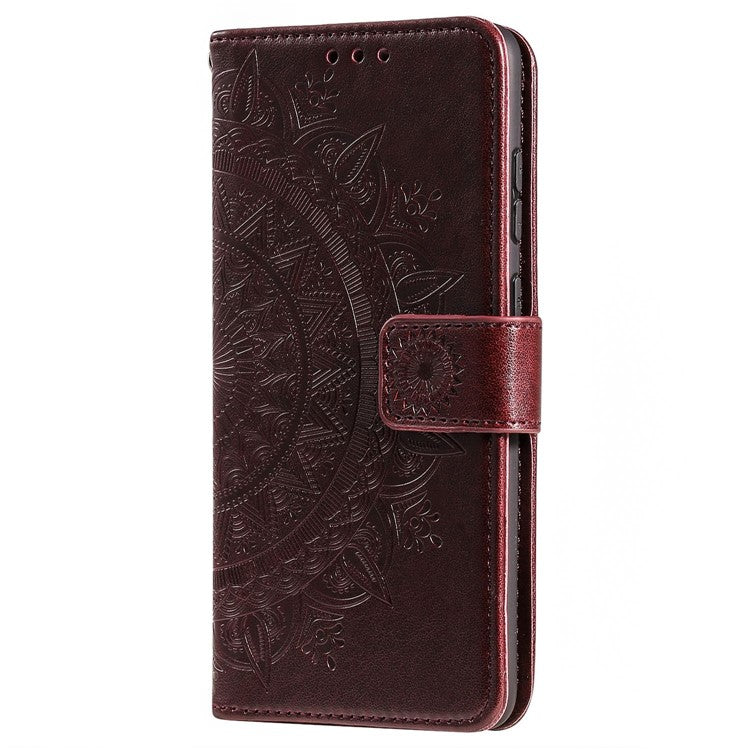 For Google Pixel 6a Mandala Flower Pattern Imprinted PU Leather Anti-scratch Phone Cover Stand Wallet Style Phone Case - Brown