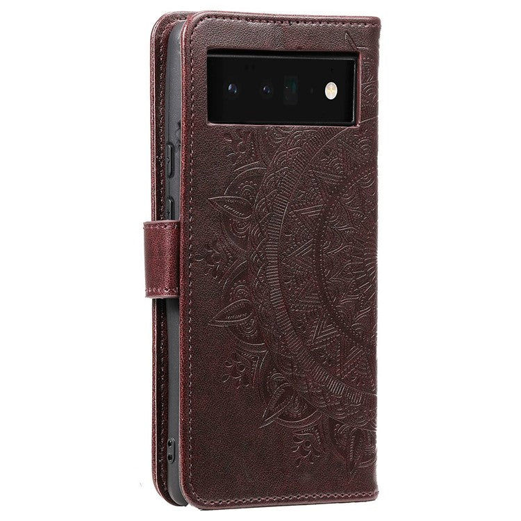 For Google Pixel 6a Mandala Flower Pattern Imprinted PU Leather Anti-scratch Phone Cover Stand Wallet Style Phone Case - Brown