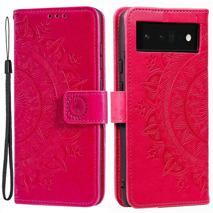 For Google Pixel 6a Mandala Flower Pattern Imprinted PU Leather Anti-scratch Phone Cover Stand Wallet Style Phone Case - Rose