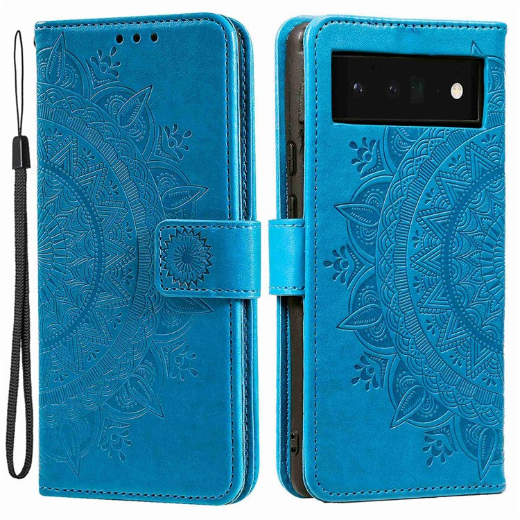 For Google Pixel 6a Mandala Flower Pattern Imprinted PU Leather Anti-scratch Phone Cover Stand Wallet Style Phone Case - Blue