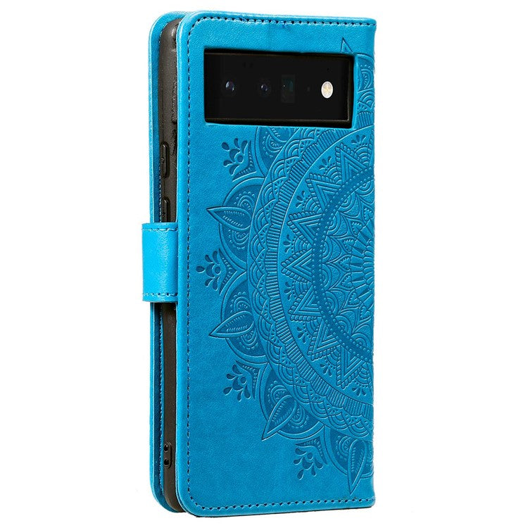 For Google Pixel 6a Mandala Flower Pattern Imprinted PU Leather Anti-scratch Phone Cover Stand Wallet Style Phone Case - Blue