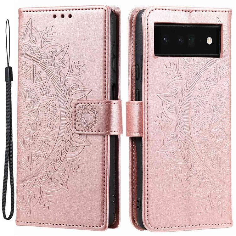 For Google Pixel 6a Mandala Flower Pattern Imprinted PU Leather Anti-scratch Phone Cover Stand Wallet Style Phone Case - Rose Gold