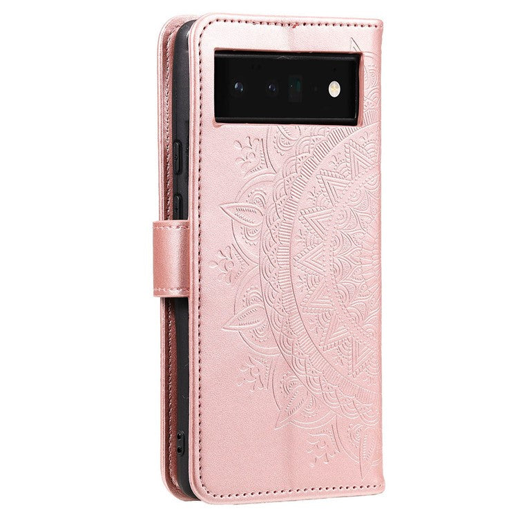 For Google Pixel 6a Mandala Flower Pattern Imprinted PU Leather Anti-scratch Phone Cover Stand Wallet Style Phone Case - Rose Gold