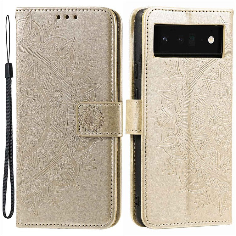 For Google Pixel 6a Mandala Flower Pattern Imprinted PU Leather Anti-scratch Phone Cover Stand Wallet Style Phone Case - Gold