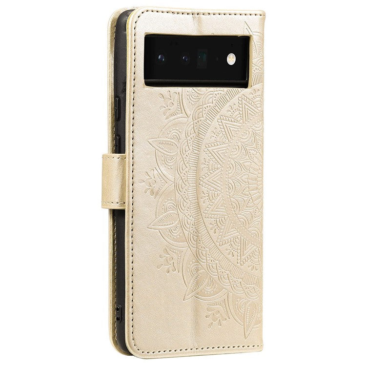 For Google Pixel 6a Mandala Flower Pattern Imprinted PU Leather Anti-scratch Phone Cover Stand Wallet Style Phone Case - Gold