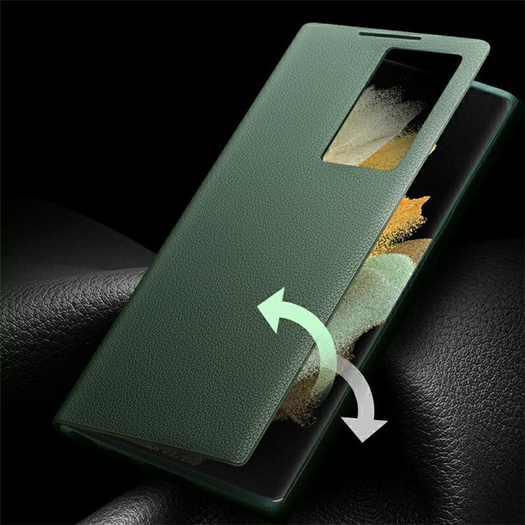 QIALINO For Samsung Galaxy S22 Ultra 5G View Window Cell Phone Case Smart Auto Wake Up / Sleep Genuine Cowhide Leather Phone Flip Cover - Green