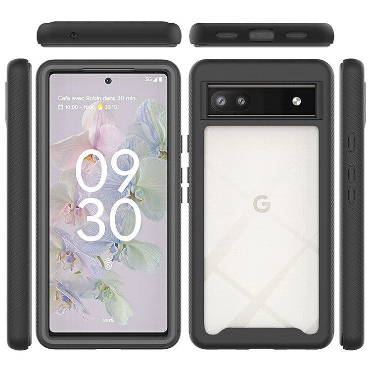 For Google Pixel 6a 3-in-1 Anti-drop Phone Case Hard PC + Soft TPU Hybrid Back Cover with PET Screen Protector - Black