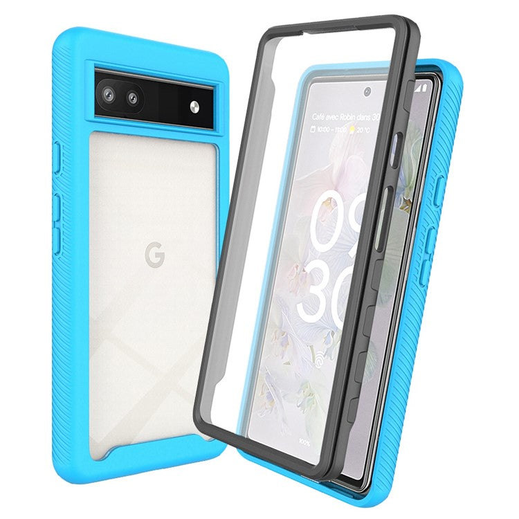 For Google Pixel 6a 3-in-1 Anti-drop Phone Case Hard PC + Soft TPU Hybrid Back Cover with PET Screen Protector - Baby Blue