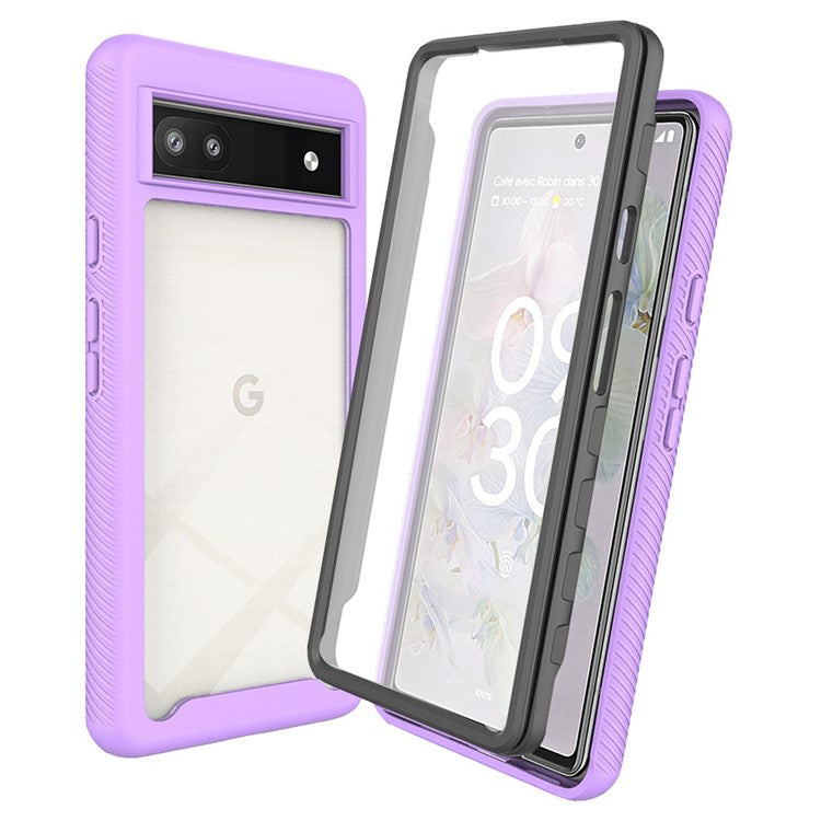 For Google Pixel 6a 3-in-1 Anti-drop Phone Case Hard PC + Soft TPU Hybrid Back Cover with PET Screen Protector - Purple