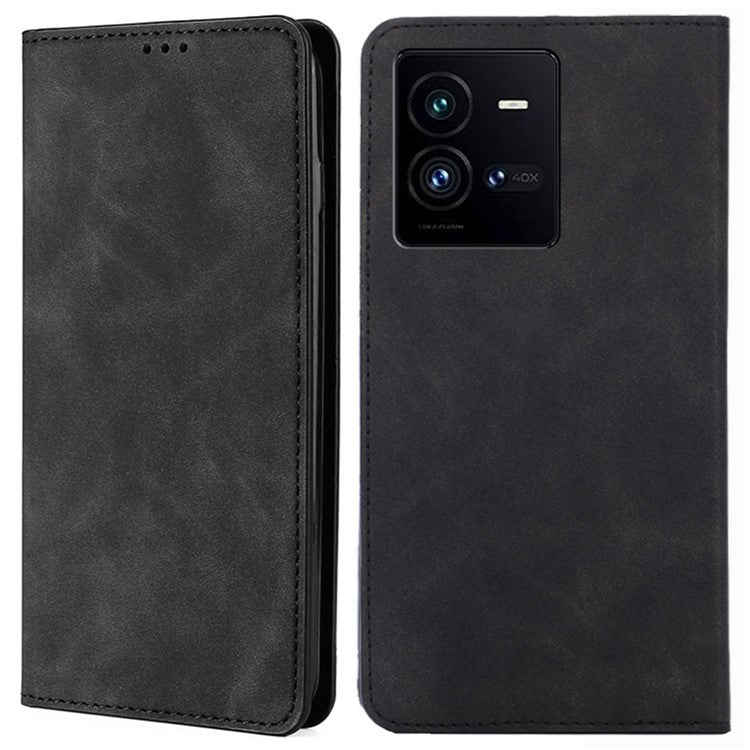 For vivo iQOO 10 Pro 5G Skin-touch Stand Card Holder Phone Case PU Leather Hidden Magnetic Absorption Folio Flip Cover - Black