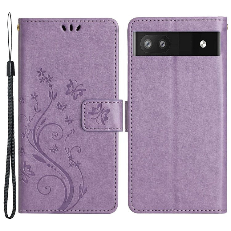 For Google Pixel 6a Drop-proof Phone Case Imprinted Butterflies PU Leather Mobile Phone Wallet Cover Stand Phone Shell - Light Purple