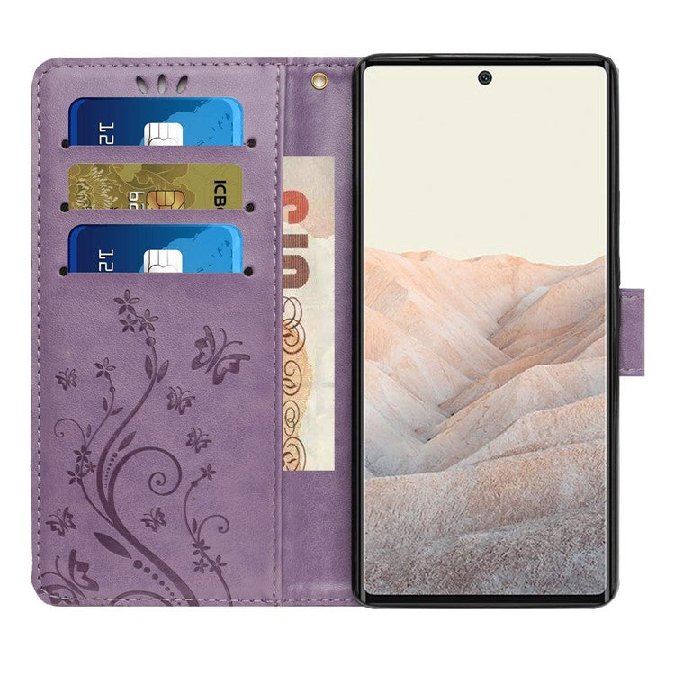 For Google Pixel 6a Drop-proof Phone Case Imprinted Butterflies PU Leather Mobile Phone Wallet Cover Stand Phone Shell - Light Purple