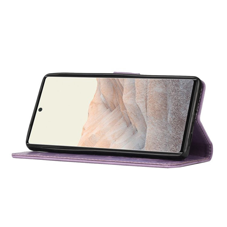 For Google Pixel 6a Drop-proof Phone Case Imprinted Butterflies PU Leather Mobile Phone Wallet Cover Stand Phone Shell - Light Purple