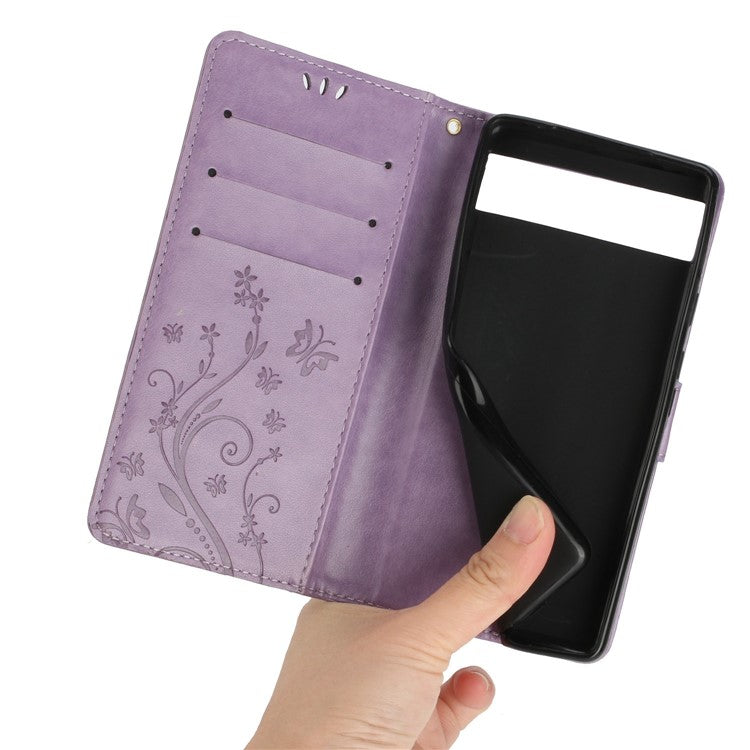 For Google Pixel 6a Drop-proof Phone Case Imprinted Butterflies PU Leather Mobile Phone Wallet Cover Stand Phone Shell - Light Purple