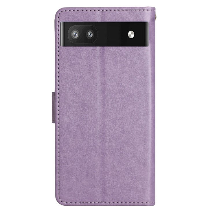 For Google Pixel 6a Drop-proof Phone Case Imprinted Butterflies PU Leather Mobile Phone Wallet Cover Stand Phone Shell - Light Purple