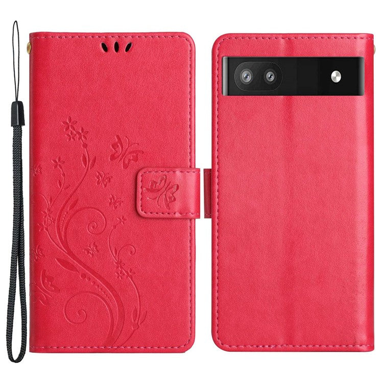 For Google Pixel 6a Drop-proof Phone Case Imprinted Butterflies PU Leather Mobile Phone Wallet Cover Stand Phone Shell - Red