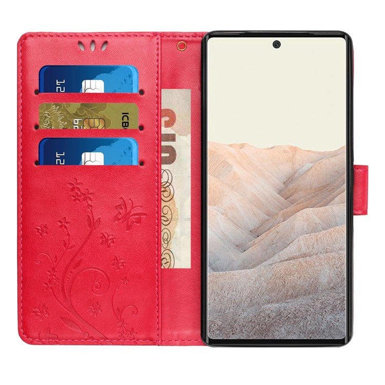 For Google Pixel 6a Drop-proof Phone Case Imprinted Butterflies PU Leather Mobile Phone Wallet Cover Stand Phone Shell - Red