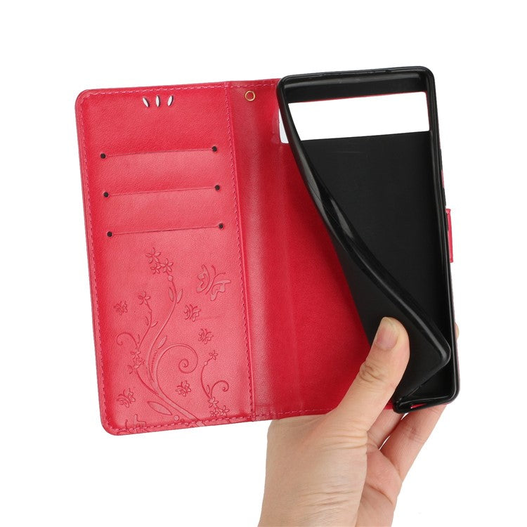 For Google Pixel 6a Drop-proof Phone Case Imprinted Butterflies PU Leather Mobile Phone Wallet Cover Stand Phone Shell - Red