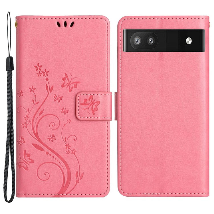 For Google Pixel 6a Drop-proof Phone Case Imprinted Butterflies PU Leather Mobile Phone Wallet Cover Stand Phone Shell - Pink