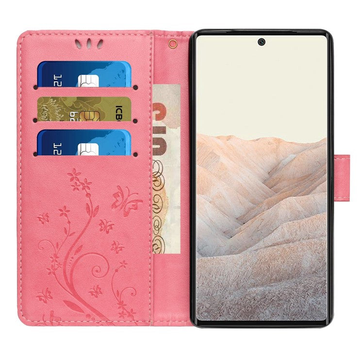 For Google Pixel 6a Drop-proof Phone Case Imprinted Butterflies PU Leather Mobile Phone Wallet Cover Stand Phone Shell - Pink