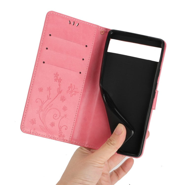 For Google Pixel 6a Drop-proof Phone Case Imprinted Butterflies PU Leather Mobile Phone Wallet Cover Stand Phone Shell - Pink