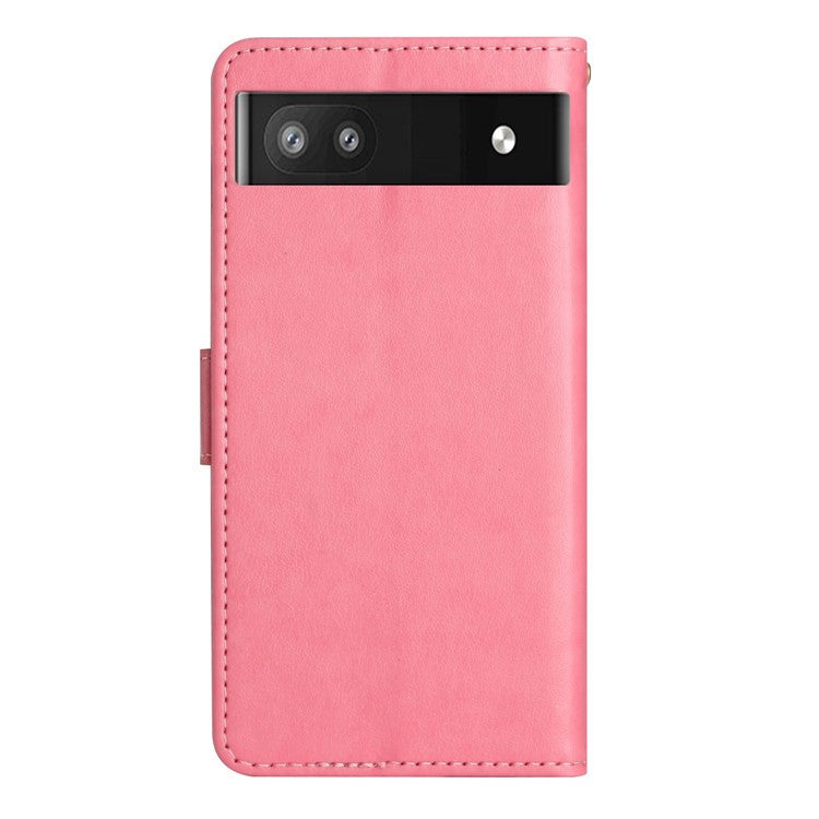 For Google Pixel 6a Drop-proof Phone Case Imprinted Butterflies PU Leather Mobile Phone Wallet Cover Stand Phone Shell - Pink