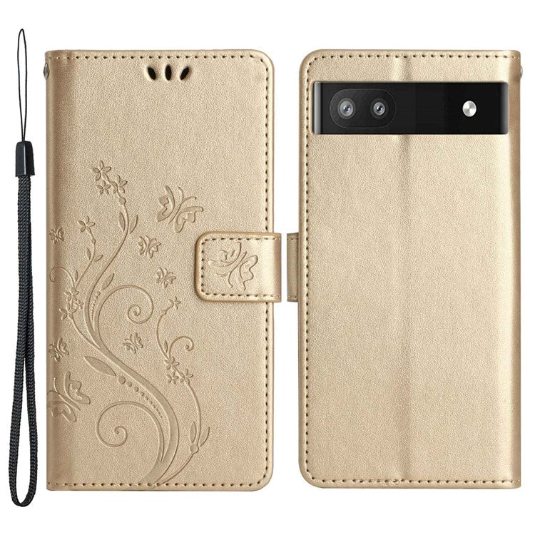 For Google Pixel 6a Drop-proof Phone Case Imprinted Butterflies PU Leather Mobile Phone Wallet Cover Stand Phone Shell - Gold