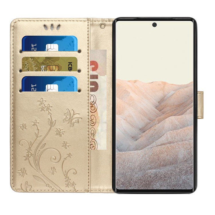 For Google Pixel 6a Drop-proof Phone Case Imprinted Butterflies PU Leather Mobile Phone Wallet Cover Stand Phone Shell - Gold